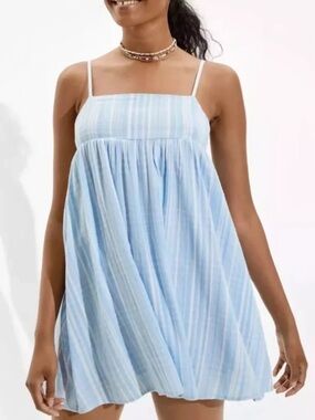 American Eagle Light Blue White Plaid Spaghetti Strap Summer Mini Dress sz S